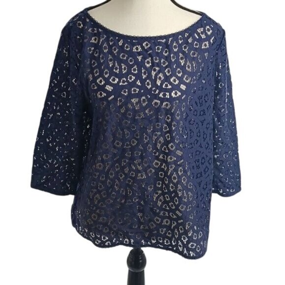 Loft Blouse Blue Lace Knit Classic 3/4 Sleeve Flowy Womens Size Large - Picture 1 of 7
